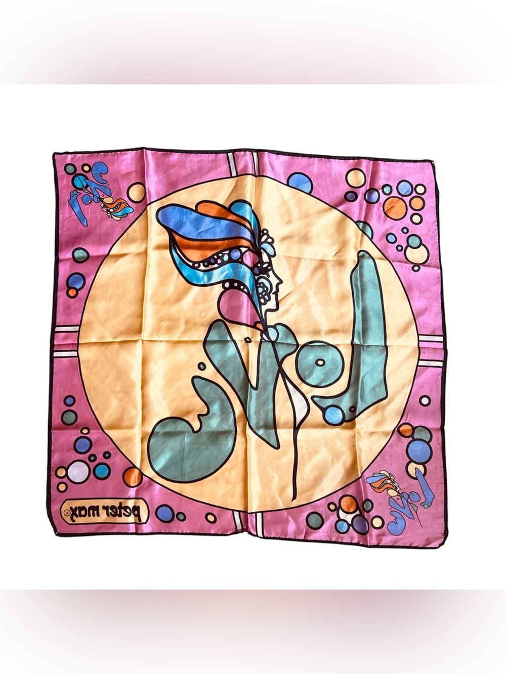 Peter Max 1970s Vintage Rare Pop Art Love Silk Scarf Psychedelic Colorful Pink - Picture 10 of 15